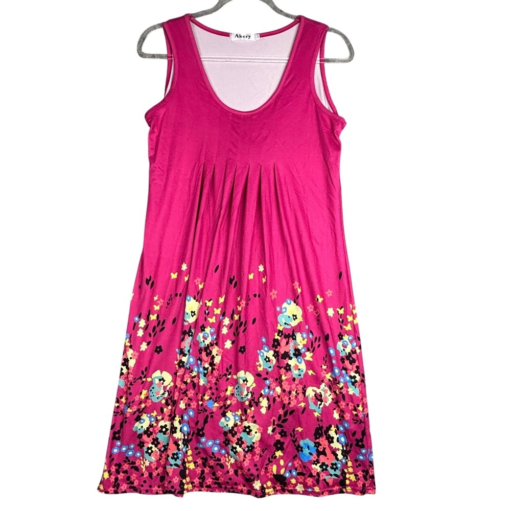 Akery Magenta Pink Floral Butterfly Border Print Sleeveless Pleated Dress Size M